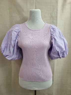 Hailey & Co Women's Purple Ribbed Puff Sleeve Romantic Cropped Blouse Size Med